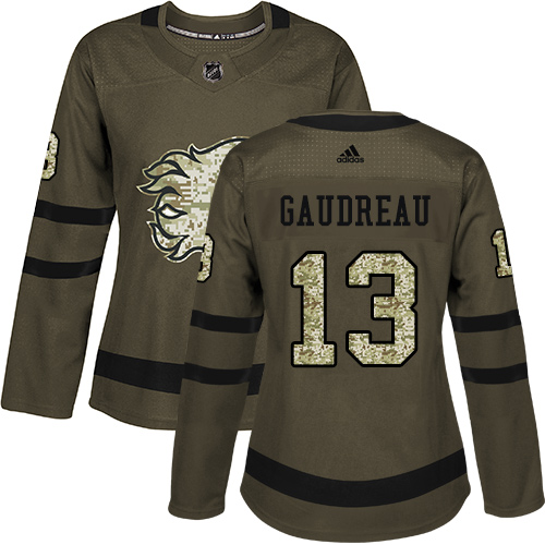 Adidas Flames #13 Johnny Gaudreau Green Salute to Service Women's Stitched NHL Jersey - Click Image to Close